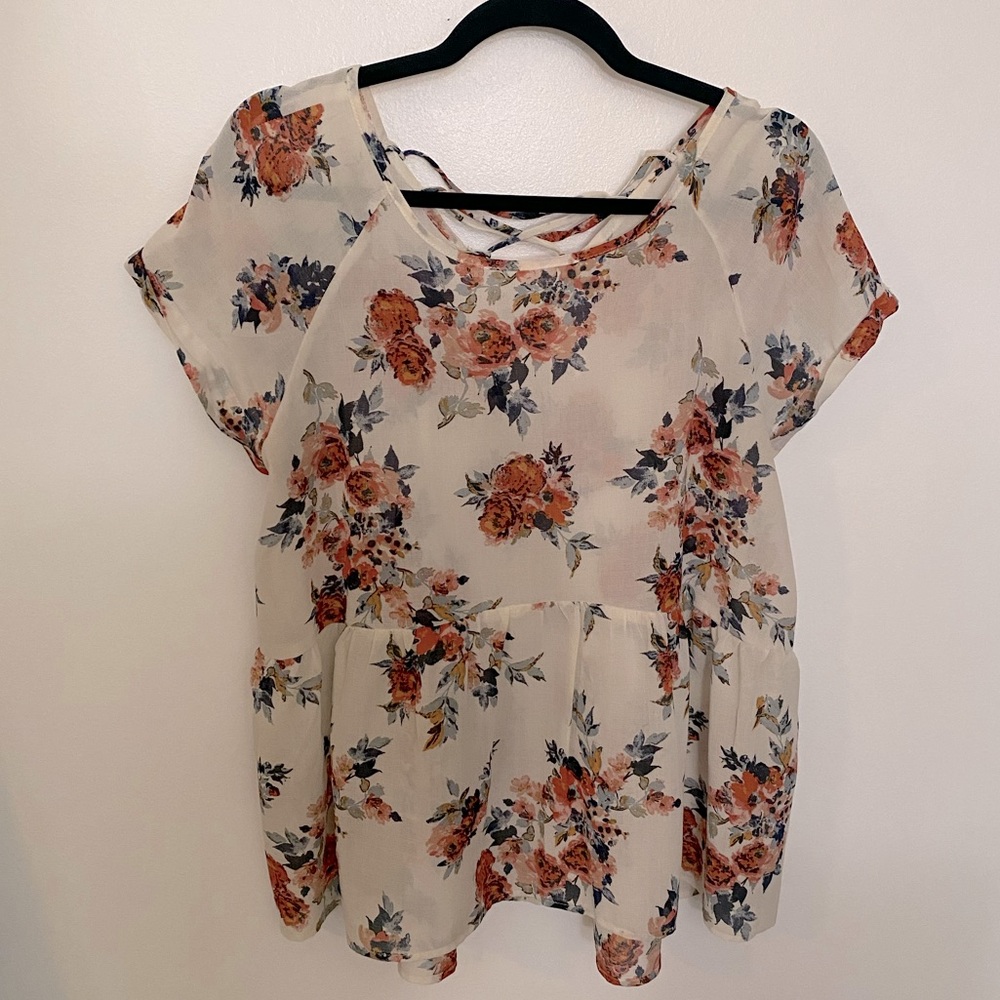 Large Floral Sheer Xhilaration Babydoll Blouse with Tie Up Back